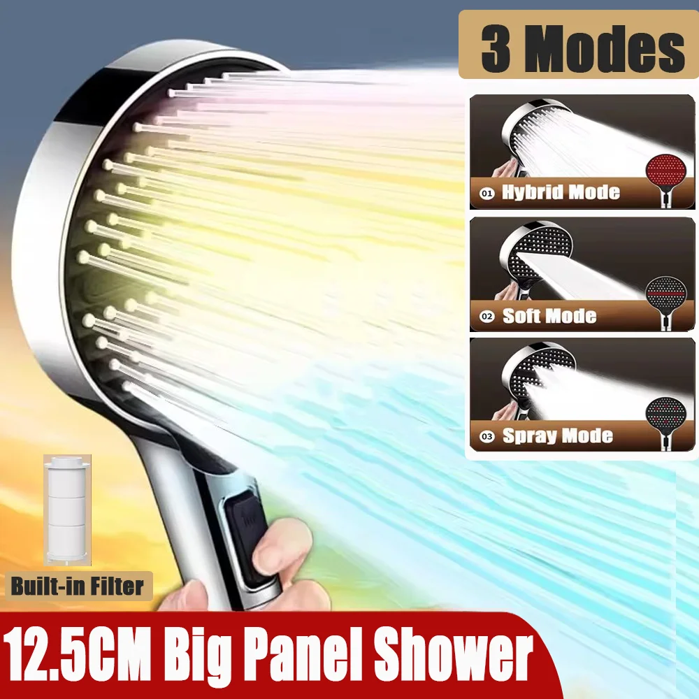 

5 In 1 Design 12.5CM Big Panel Pressurized Shower Head With Filter 3 Modes High Pressure Large Flow One-Key Stop Handheld Shower