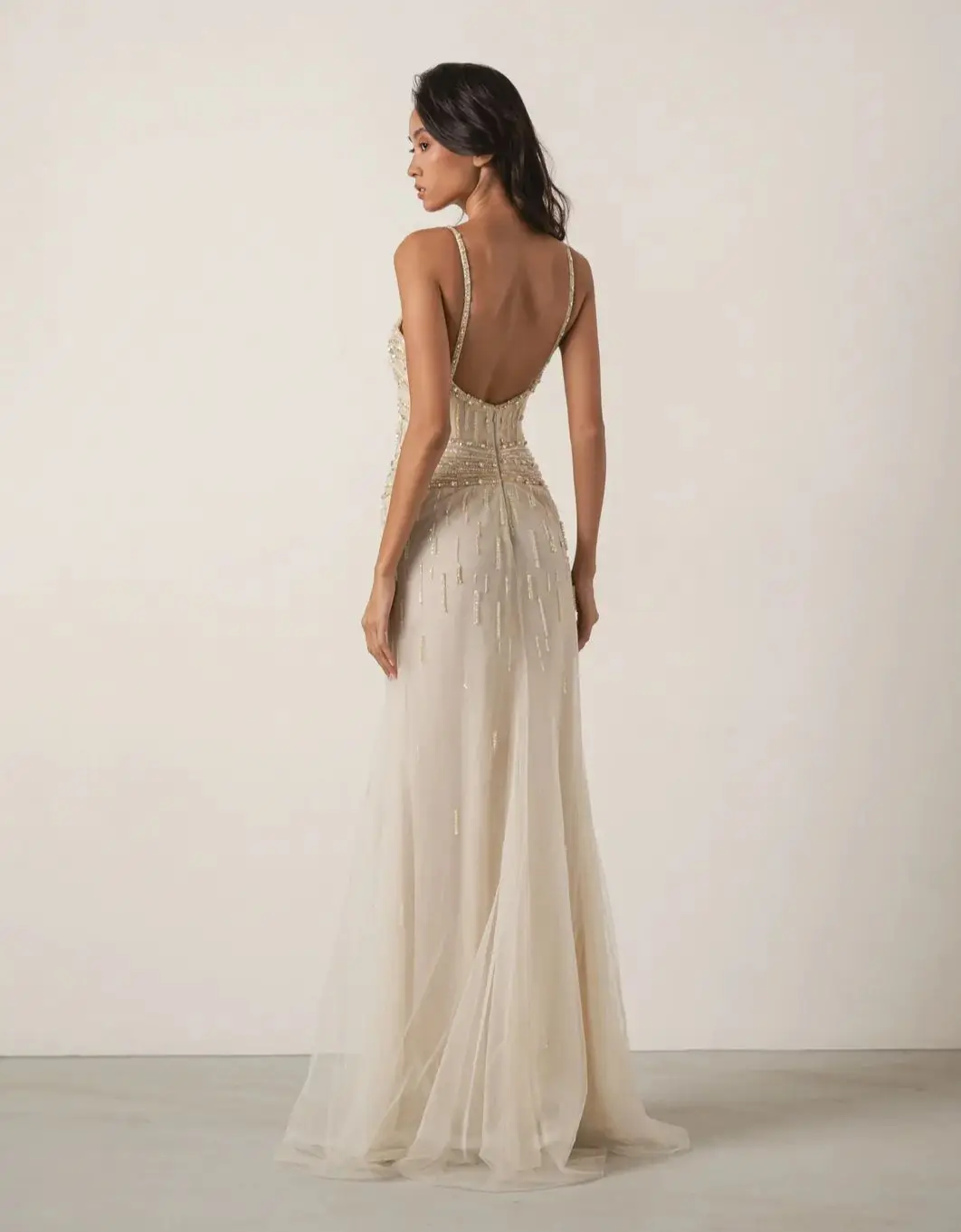 Ofherown Champagne Beaded Crystal Evening Dress Women Spaghetti Straps Backless Prom Gowns Elegant Party Dress Customzied