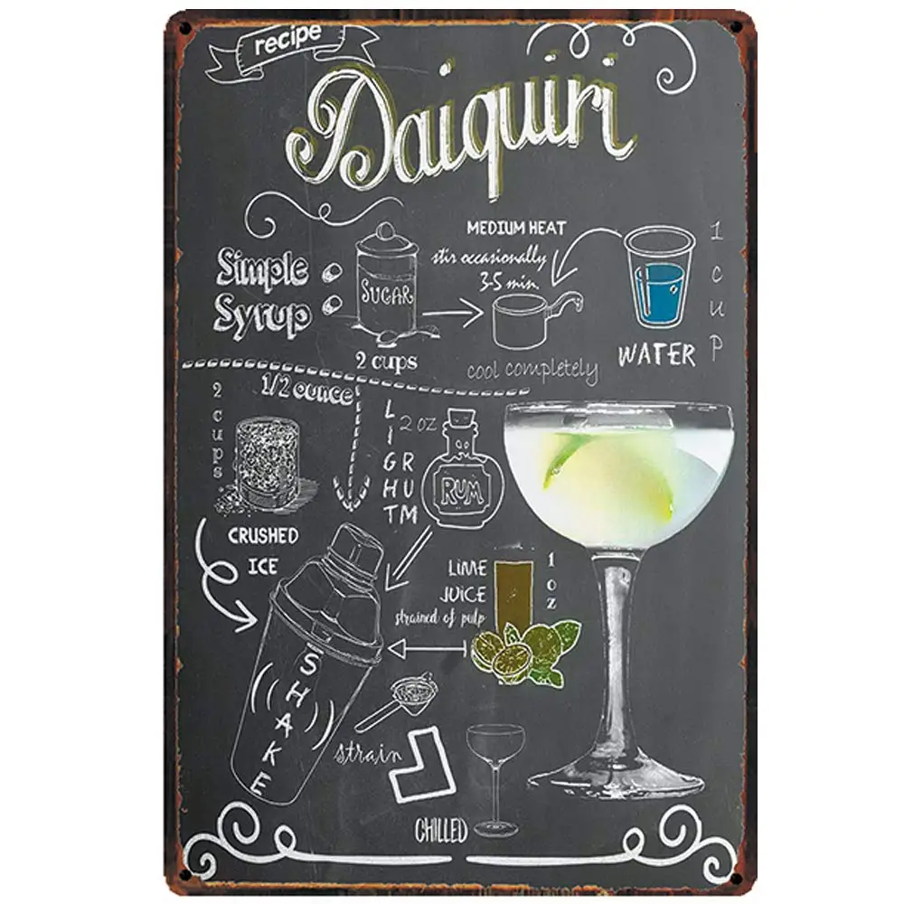 

Vintage Design Classic Cocktail Recipe Daiquiri Tin Metal Signs Wall Art | Thick Tinplate Print Poster Wall Decoration for Bar/