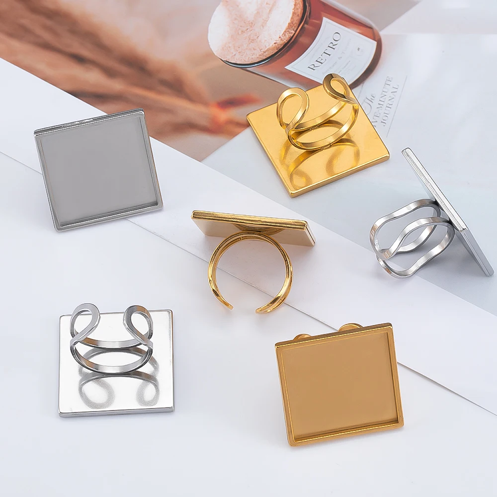 4pcs Punk Square Ring Blank Tray Stainless Steel Adjustable Open Finger Ring Base 10-25mm Cabochon Bezel DIY Men Jewelry Making
