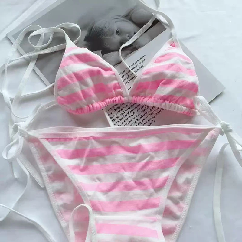 Sexy Lingerie Lolita Kawaii Blue Pink White Striped Bikini Adult Cosplay Erotic Costumes Bra Women Underwear Set