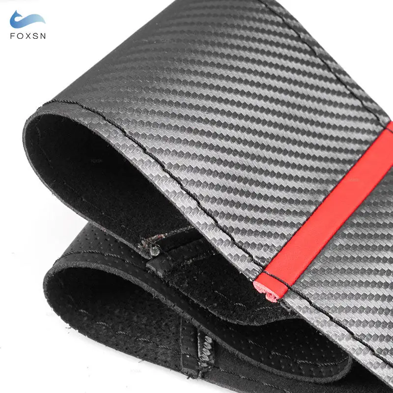 38cm Universal Hand-stitched Car-styling Interior Steering Wheel Braid Cover Carbon Fiber + Perforated Leather Splice