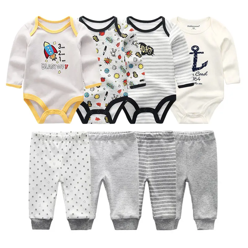 8 Pcs/Lot Baby Boy Bodysuits+Pants Suit 100%Cotton Newborn Onsies Long Sleeves Infant Clothes