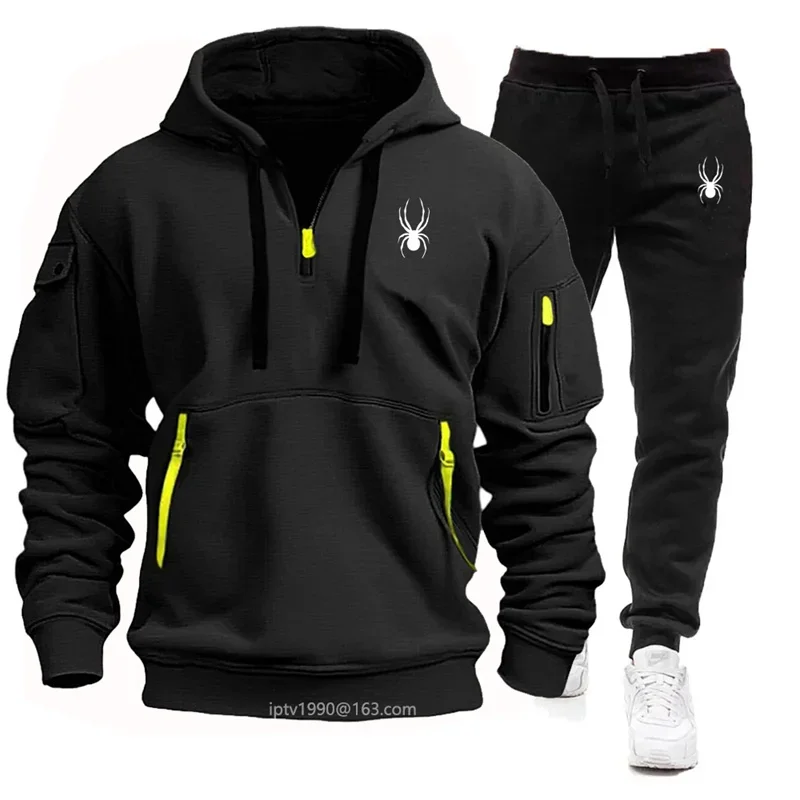 New autumn and winter men\'s hoodie set, fashionable and casual men\'s multi pocket zipper hoodie+sweatpants 2-piece jacket