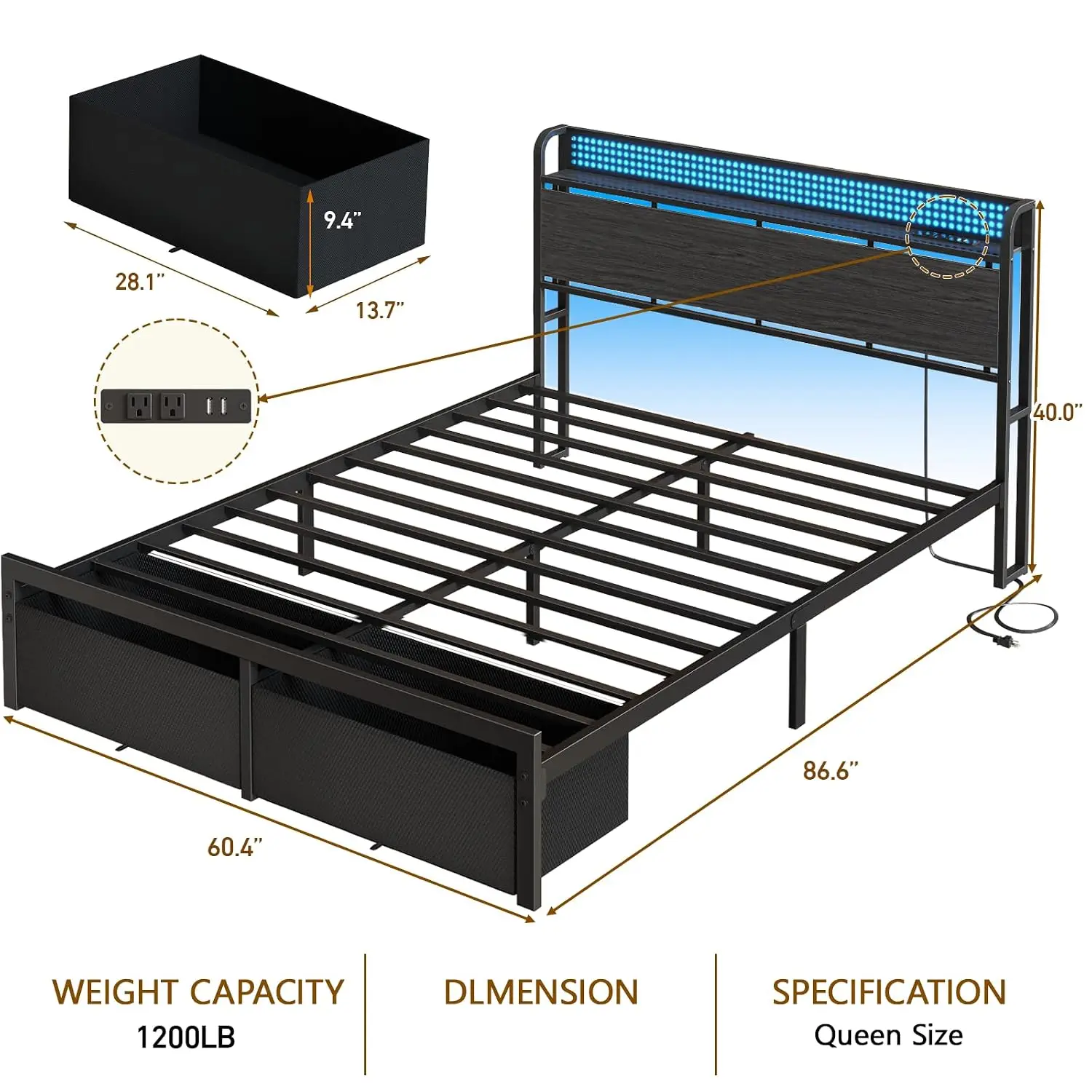 Queen Bed Frame with Storage Headboard,Charging Station,2 Drawers
