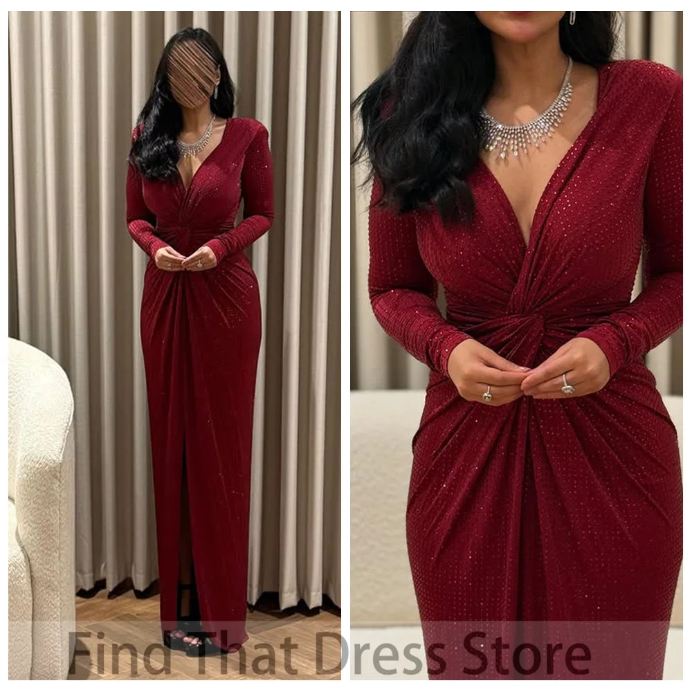 

Custom Made Glamorous V-neck Pleated Sequins Sparkly Saudi Arab Gown Sexy Mermaid Backless Long Sleeve Prom Dress with Train