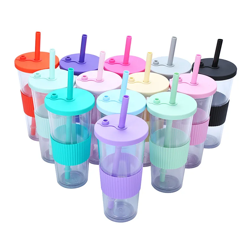 710ML Reusable Double-layer Plastic Colored Straw Cup Coffee Summer Ice Cup Portable Sports Cup With Cup Sleeve,Gift To Friend