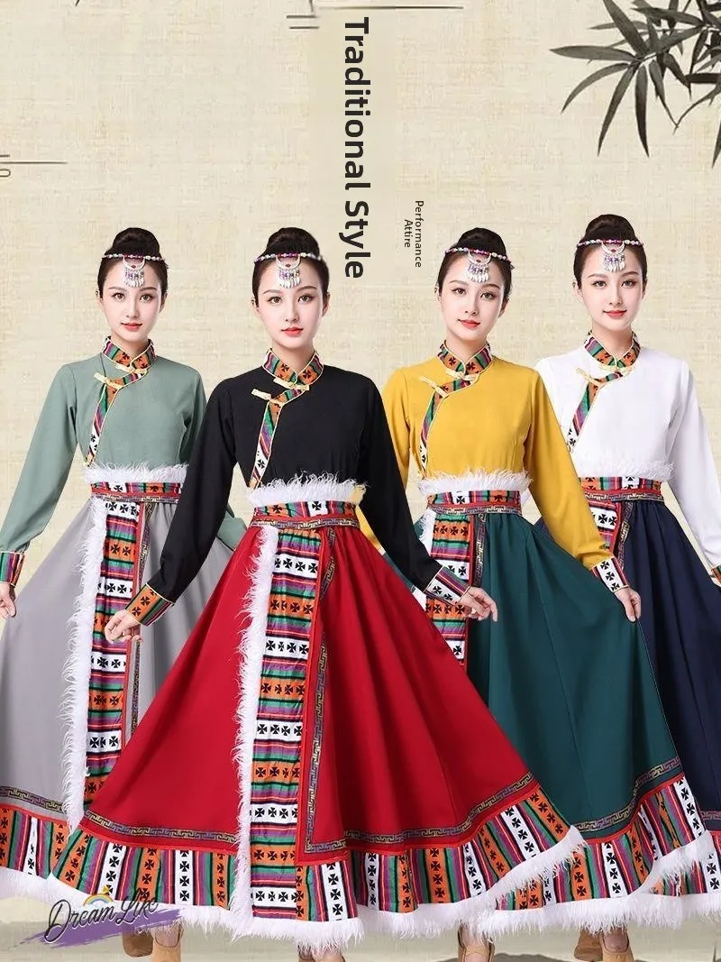 

Tibetan Dance Costume Women's Midi Skirt Traditional Full A-Line Skirt Minori Performance Clothing Ethnic New Set Winter