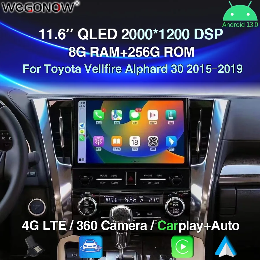 11.6‘’ Android 13.0 Car DVD Player 360 Carplay 8GB+256GB GPS map WIFI BT 5.0 RDS Radio For Toyota Vellfire Alphard 30 2015-2019