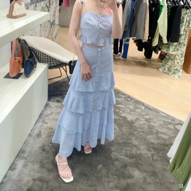 

Women Blue Striped Midi Skirt Layered Ruffles Single Breasted High Waist A-Line Casual Summer 2024 Jupe