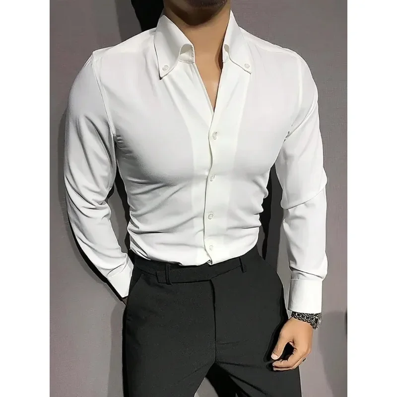 

2 Colors! 2023 Autumn New Mens Shirt Solid Color Versatile Casual Polo Collar Men's Long Sleeve Shirts