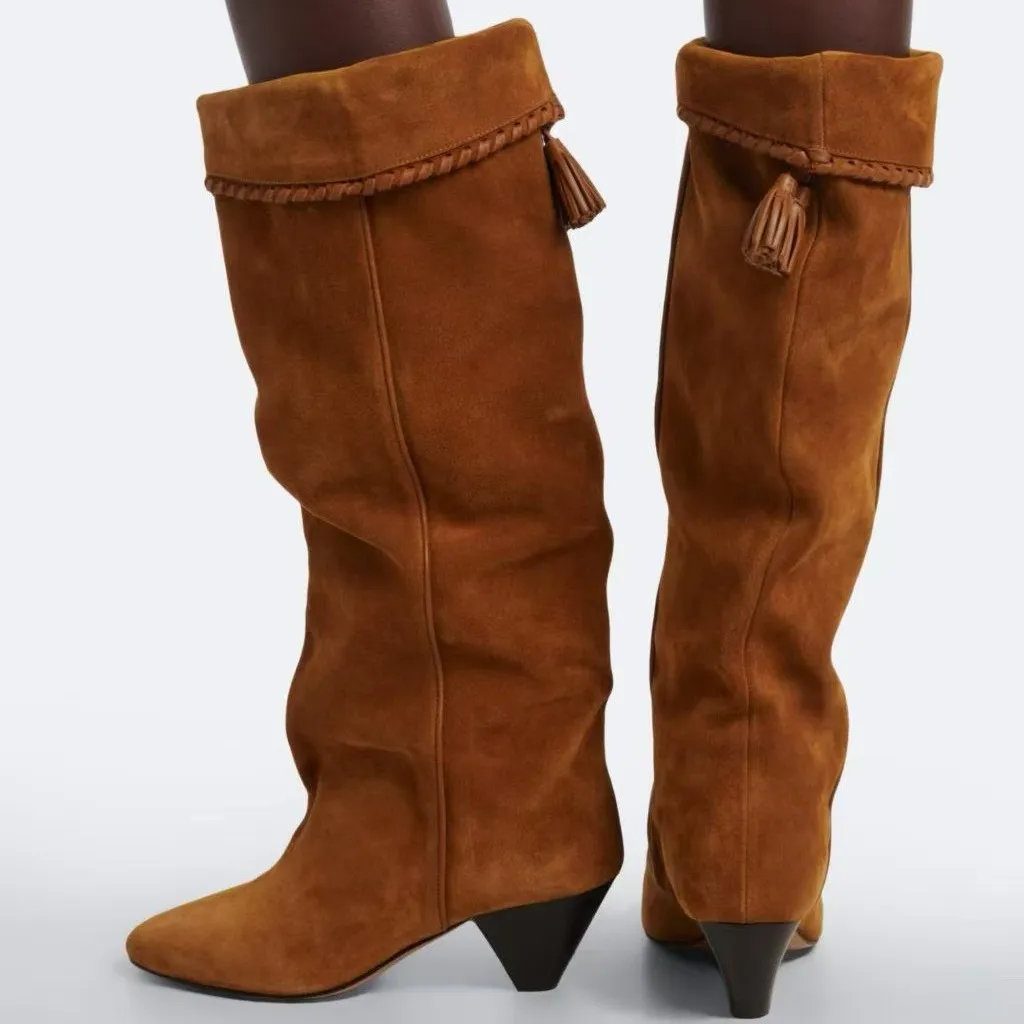 Fringe Suede Pointed Toe Knee-High Women Boots Stiletto High Heels Side Zipper Design Street Style Fashion Lady Shoes
