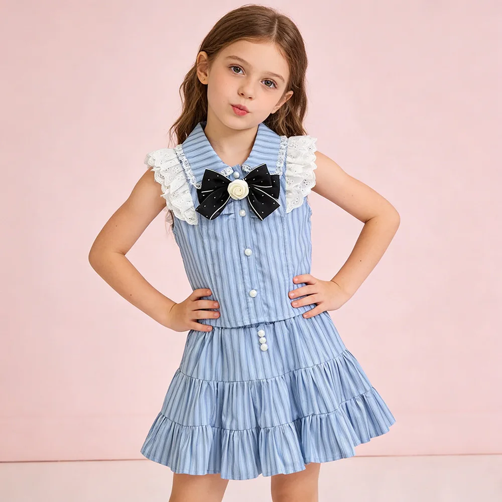 

2 Piece Set 2026 New Girls' Summer Stylish New Little Fly Sleeve Top Skirt Casual Fashion Kids Blue Suit