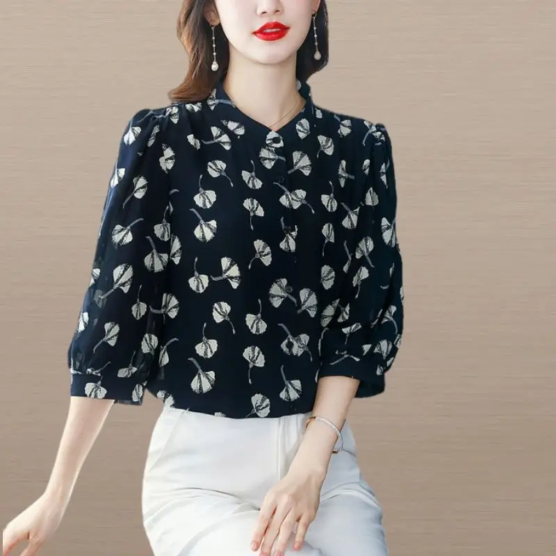 Temperament Fashion Printing Single-breasted Blouse Women New Classic V-neck 3/4 Sleeve Slim Loose Lady Office Chiffon Shirt