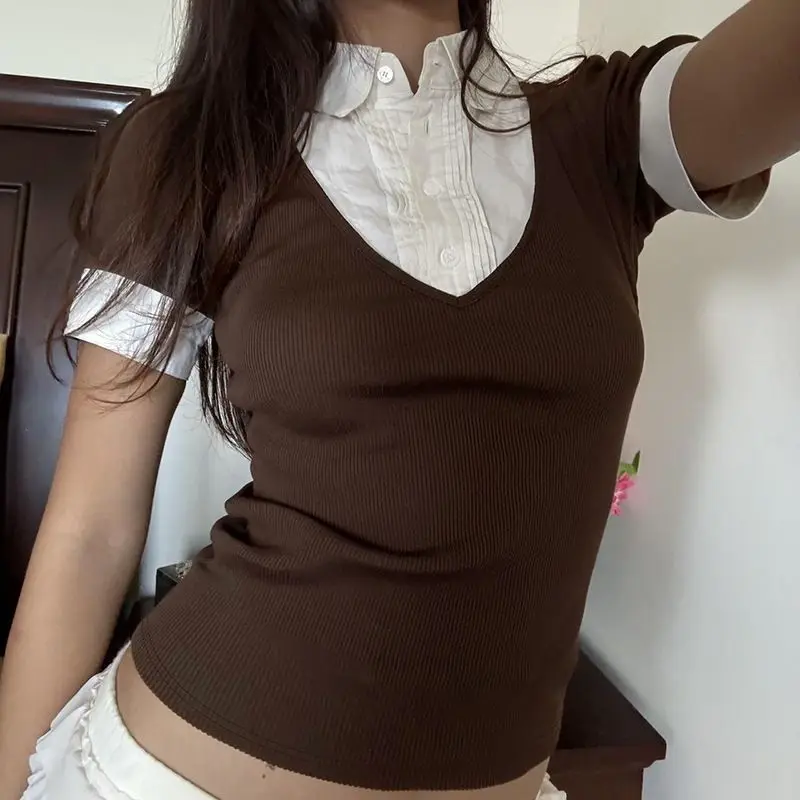 HOUZHOU Women Fake Two‑Piece Short Sleeve Top Turn‑Down Collar Knit Slim Cropped Tee Preppy Style Contrast Color Casual Shirts