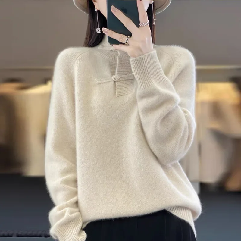 New Chinese Style Knitwear Pullover Sweater Women's High-End Feel Stylish Pure Wool Knit Base Layer Crew Neck Pattern