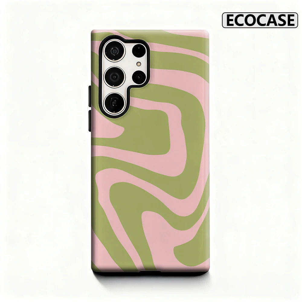 Pink & Green Swirls Handyhülle für Samsung Galaxy S25 Ultra S24 S23 Ultra Plus, glänzende doppellagige Rückseite