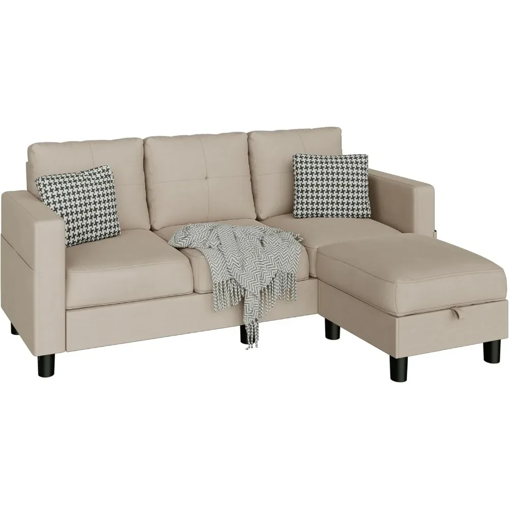 

Convertible L-Shaped Sectional Couch | 3-Seat Living Room Sofa with Linen Fabric & Movable Chaise