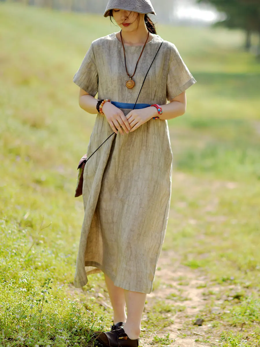 

Новая летняя женская льняная платье-миди с текстурой под камень, коротким рукавом, круглым вырезом, приталенного силуэта, высокого качества, А-силуэта