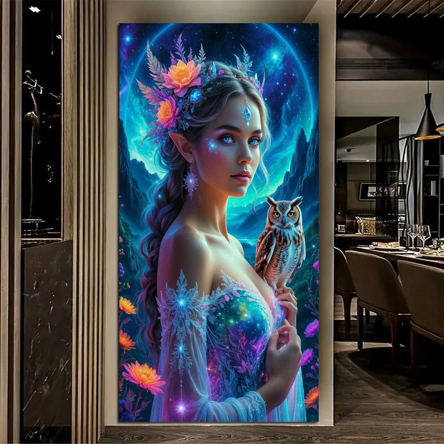

Woman and Owls Large Size Diy Diamond Painting Kits Jewelry Cross Stitch Sexy Elves Full Mosaic Embroidery Picture Wall Decor