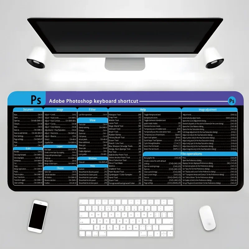 Adobe Photoshop Shortcut Keys Cheat Sheet Rubber Large Desk Mat | XXL Non-Slip Computer Keyboard Mousepad for PC Office & Study