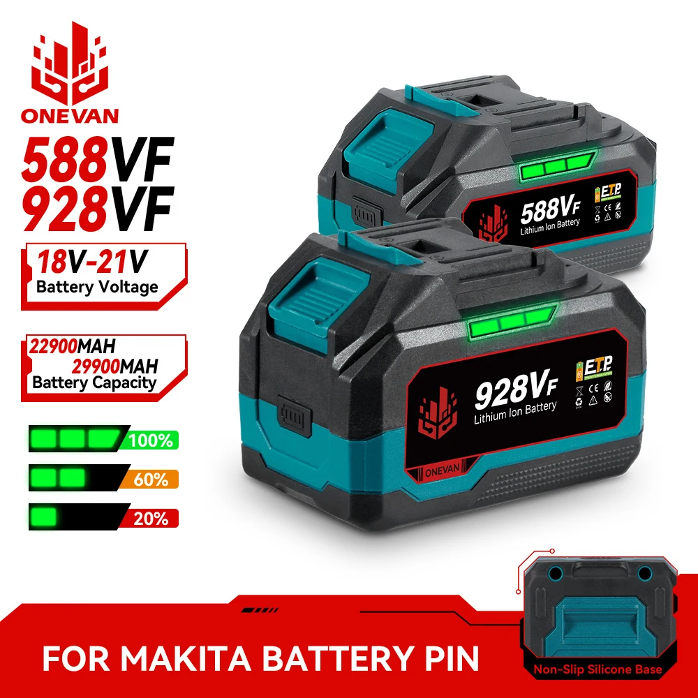 Batterie au lithium ONEVAN 928VF 29900mAh, indicateur de capacité 588VF 22900mAh, outil électrique rechargeable pour batterie Makita 18V 21V