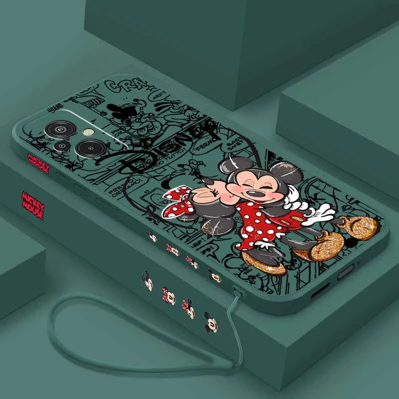 Coque de téléphone Disney Mickey et Minnie pour Xiaomi 17 15 15T 14 14T 13 12 11 POCO X8 X7 M7 F7 F8, en silicone liquide avec cordon gauche