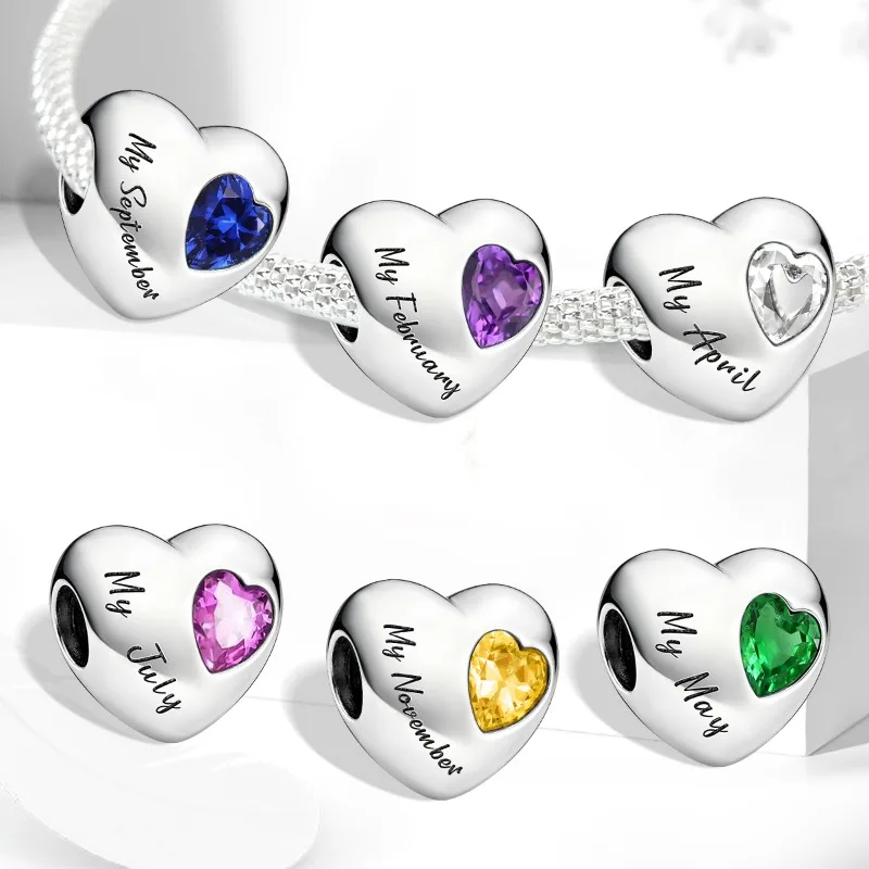 925 Silver Plated Fashion Multi Colored Love Heart Month Charms Beads Fit Original  Bracelets Fashion Jewelry Birthday Gift