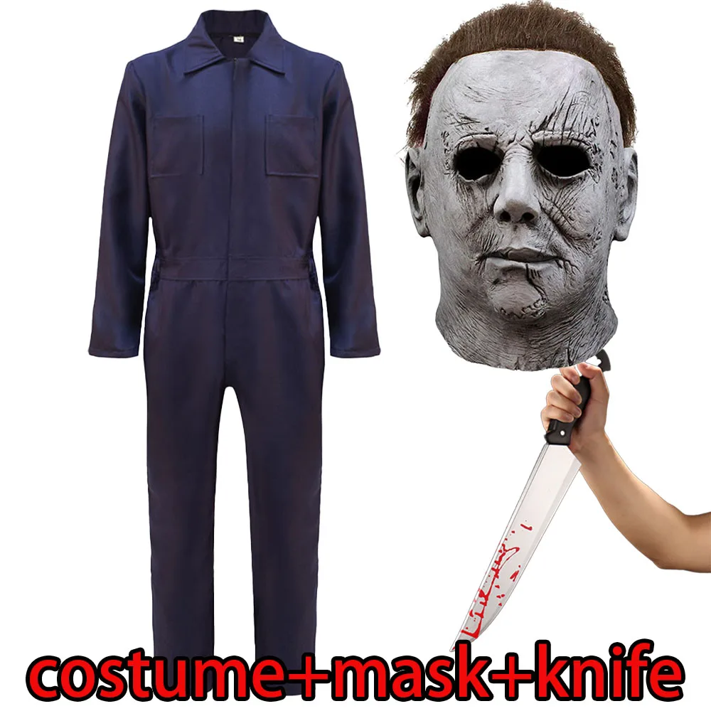 2018 Halloween Michael Myers Costume Mask Knife Cosplay Jumpsuit Horror Bloody Killer Demon Latex Helmet Carnival Party Props