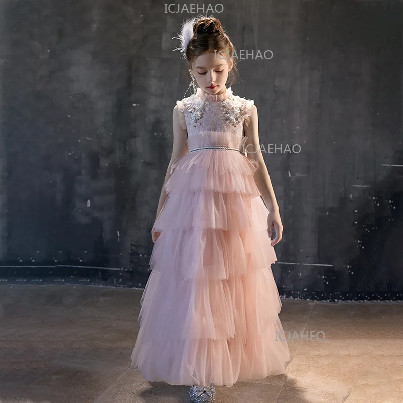 Girls' Evening Dress Pink Princess Gown Children's Catwalk Flower Birthday Little Host Girl Piano Performance Custume Vestido