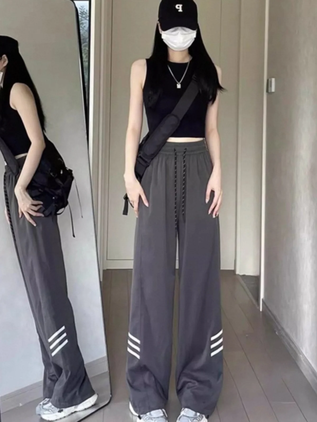 

American Sle High Waist Wide Leg Pants Women's Summer Thin Ice Silk Qui Dry Sports Trousers Casual Loose Fit Pants