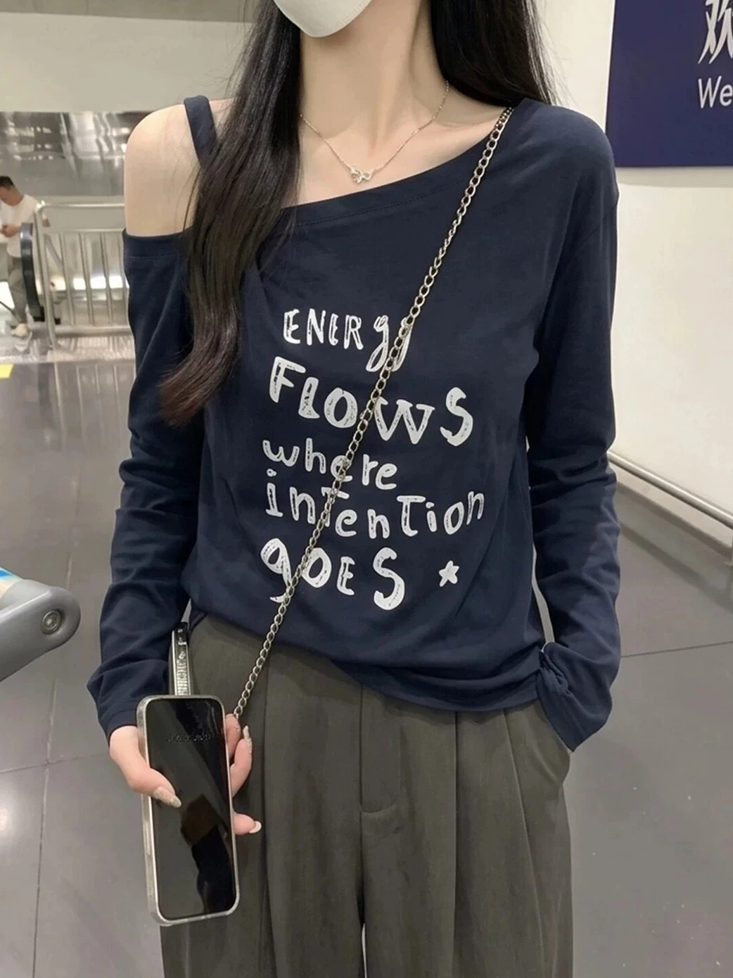 Casual Loose Fit Long Sleeve T-Shirt in Royal Blue with Shoulder Baring Slant Collar And Letter Print Design Comfortable Brea...