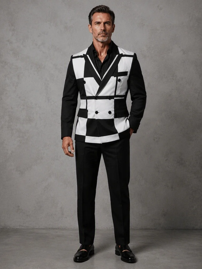 Men's Color Block Patchwork 2‑Piece Suit Set Notched Lapel Double Breasted Blazer & Pants Formal Party Wedding Prom Plus Size