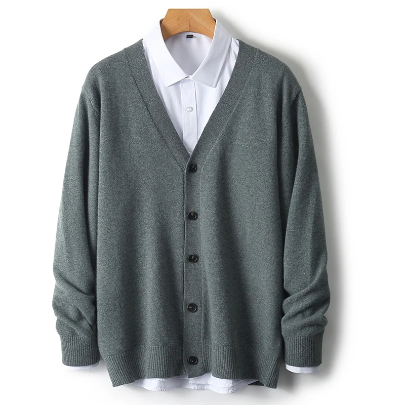 Autumn And Winter Business Casual Coat Knitted Bottoming Shirt 100% Wool Cardigan Men's V-neck Solid Color Sweater