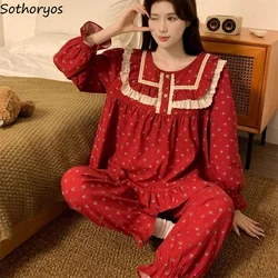 Red Pajama Sets Women Floral Sweet New Year Lace Sleepwear Home Spring Autumn Lounge Girlish Korean Fashion Soft Aesthetic Mujer