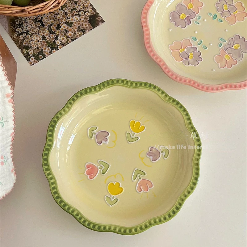 Hand-painted Relief Ceramic Plates Tulips Lovely Girls Household High-end Beautiful Tableware Platos Decorativos Mesa