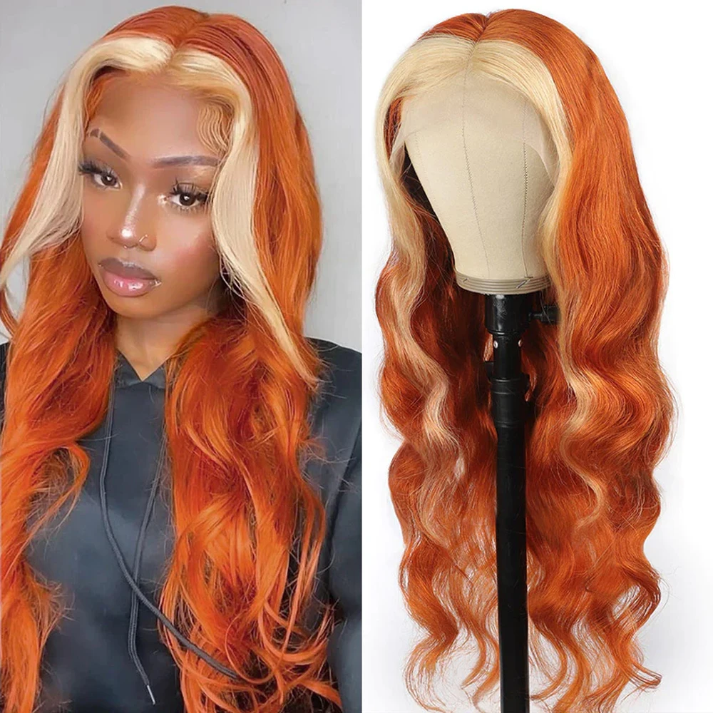 

Ginger Orange Wig with Blonde Highlights Lace Wig Synthetic Blonde Stripe Long Wavy Wigs Body Wave Heat Resistant Fiber Hair