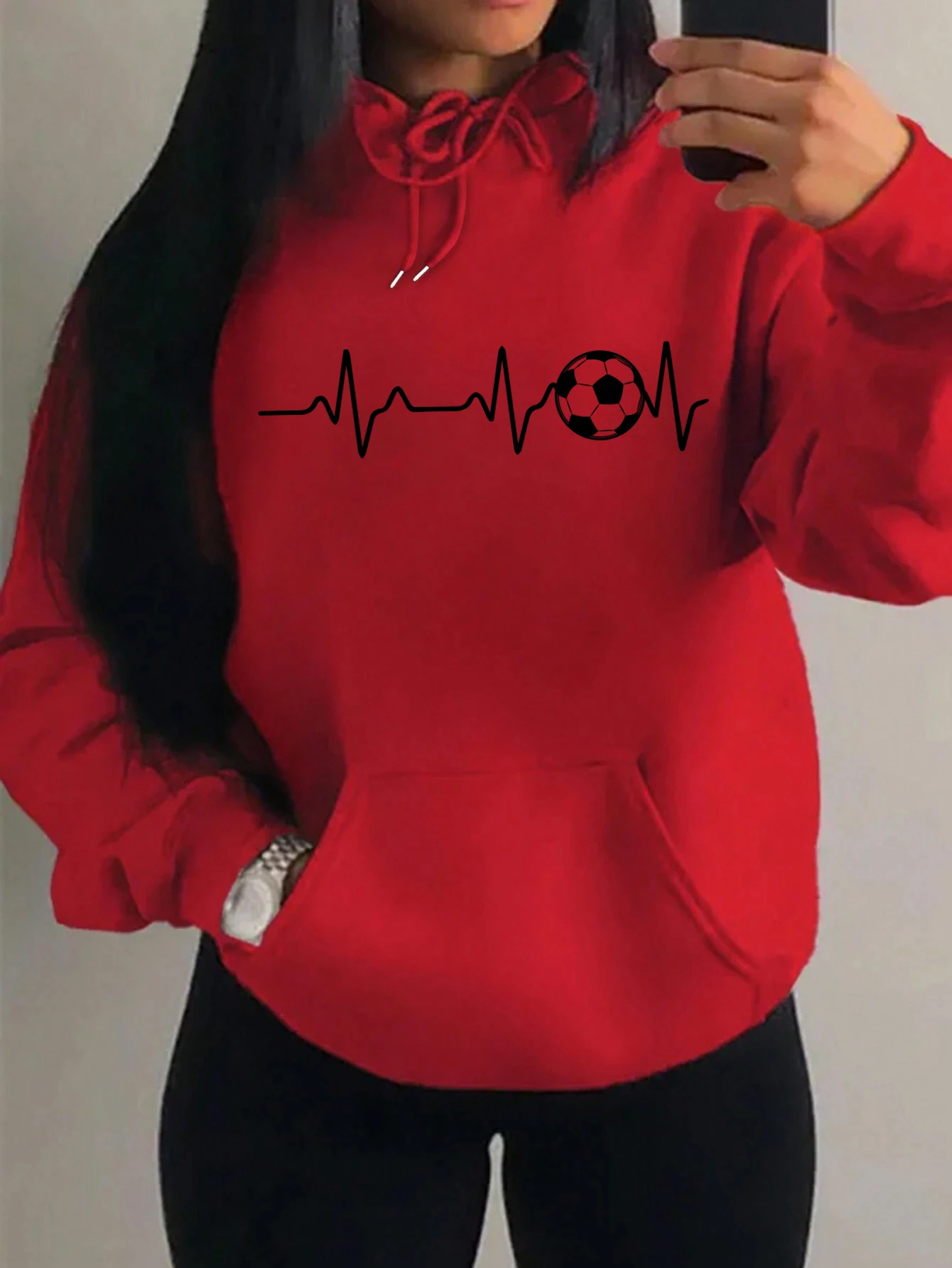 Sudadera con capucha para mujer con diseño de personalidad de electrocardiograma de fútbol, ropa de calle Harajuku, sudadera cálida de lana, sudaderas con capucha de otoño para mujer