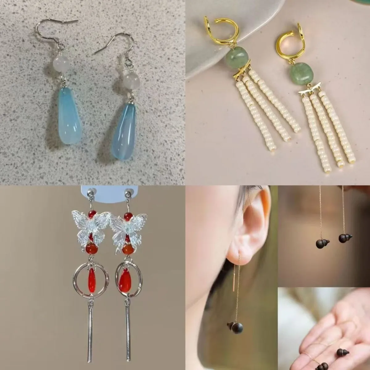 Ethnic Jade Pendant Earrings for Women Gemstone Retro Design Hand Made Pearl Tassel Luxury Jewelry Elegant Ear Clip Gifts 2025