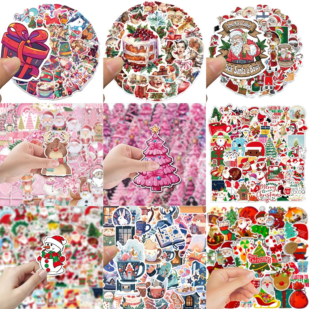 10/30/50PCS Cartoon Christmas Stickers Series Santa Pink Tree Graffiti Skateboard Guitar Laptop Decals DIY Decoration Wholesale