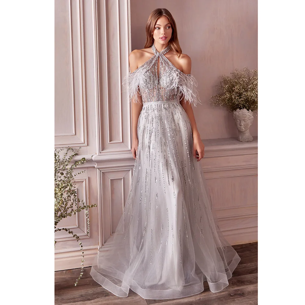 

Luxury Silver Halter Evening Dresses Fashion Tassel Beads Sequined A-Line Gowns Sparkly Elegant Cocktail Party Prom Dresses