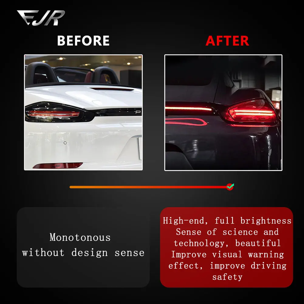 أضواء السيارة EJR لبورشه 718 كايمان بوكستر 2016-2021 تعديل LED من خلال المصابيح الخلفية المتدفقة السيارات شريط المصباح الأوسط ملحق