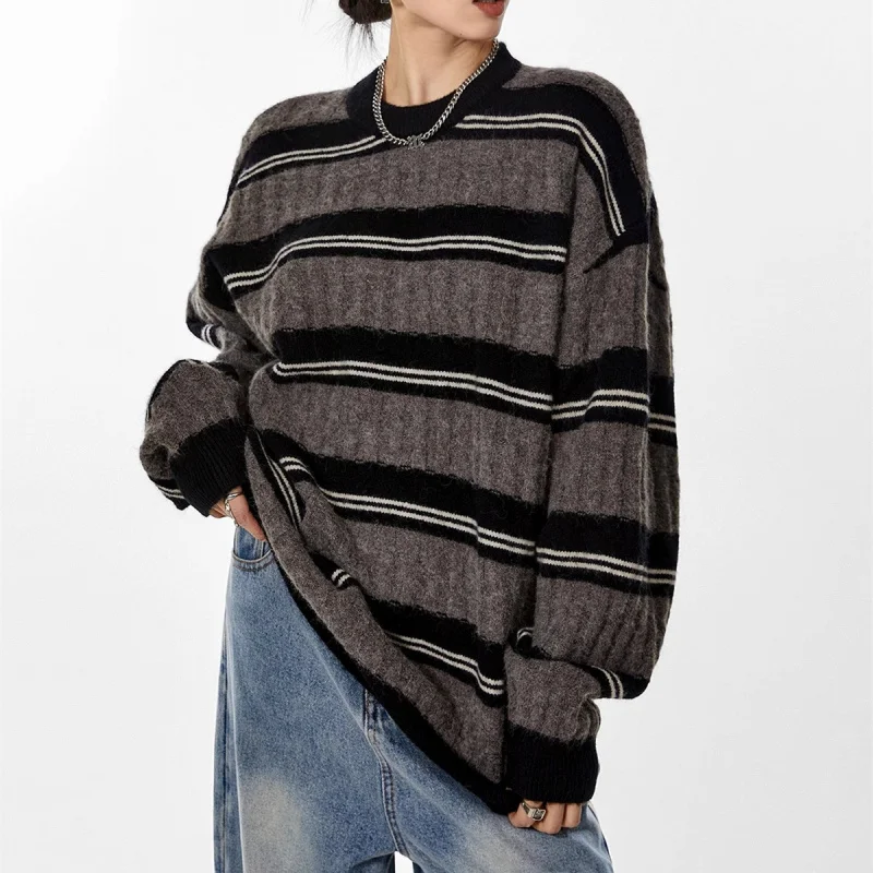 

American Retro Color-Block Striped Crew Neck Sweater for Men Women, Autumn and Winter Lazy Loose Knit Top, 2025 Hot New Styl