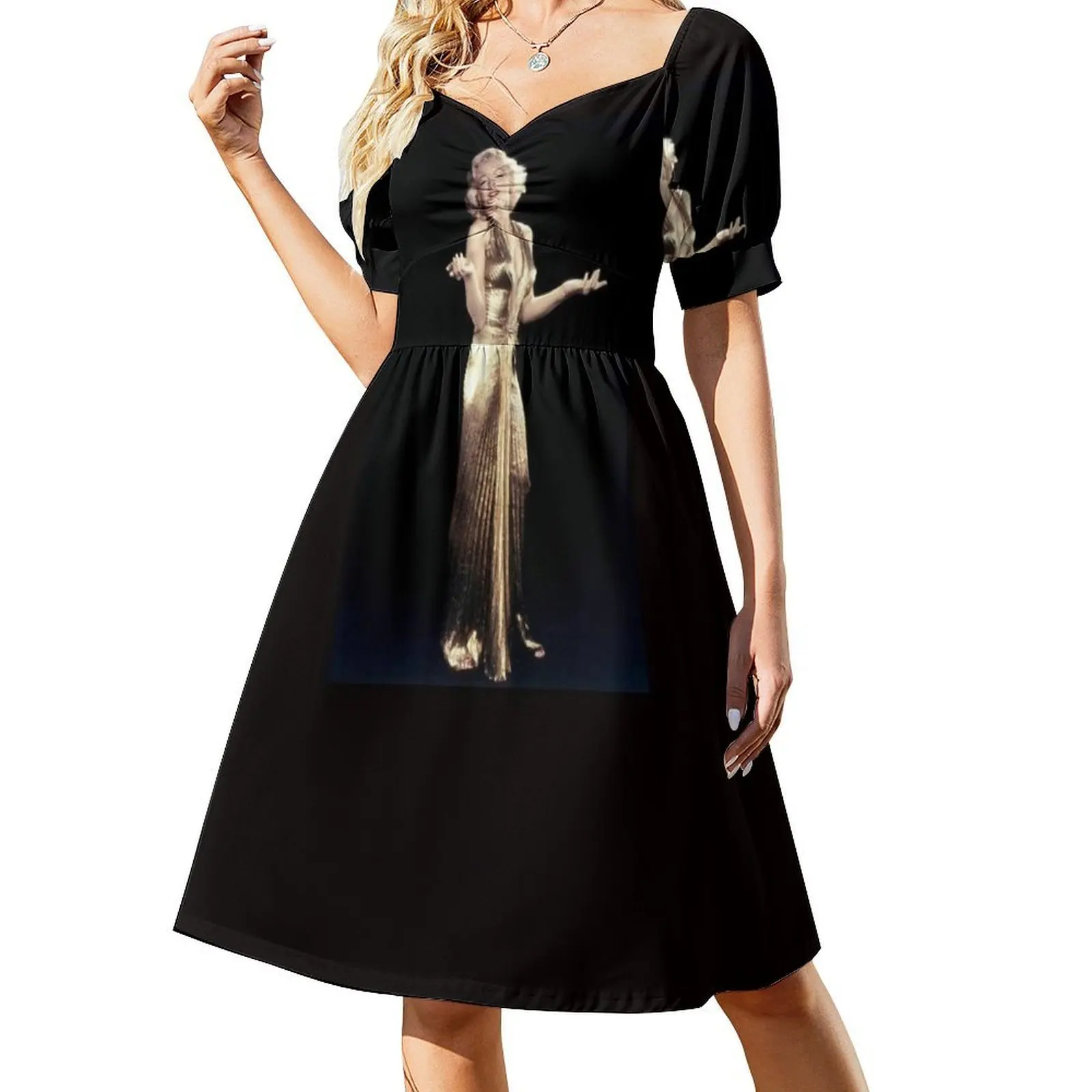 مارلين مونرو: فستان لامي ذهبي مطبوع على الطراز الكوري فستان كاجوال للنساء فساتين مكتب يومية بسيطة للسيدات مارلين #2