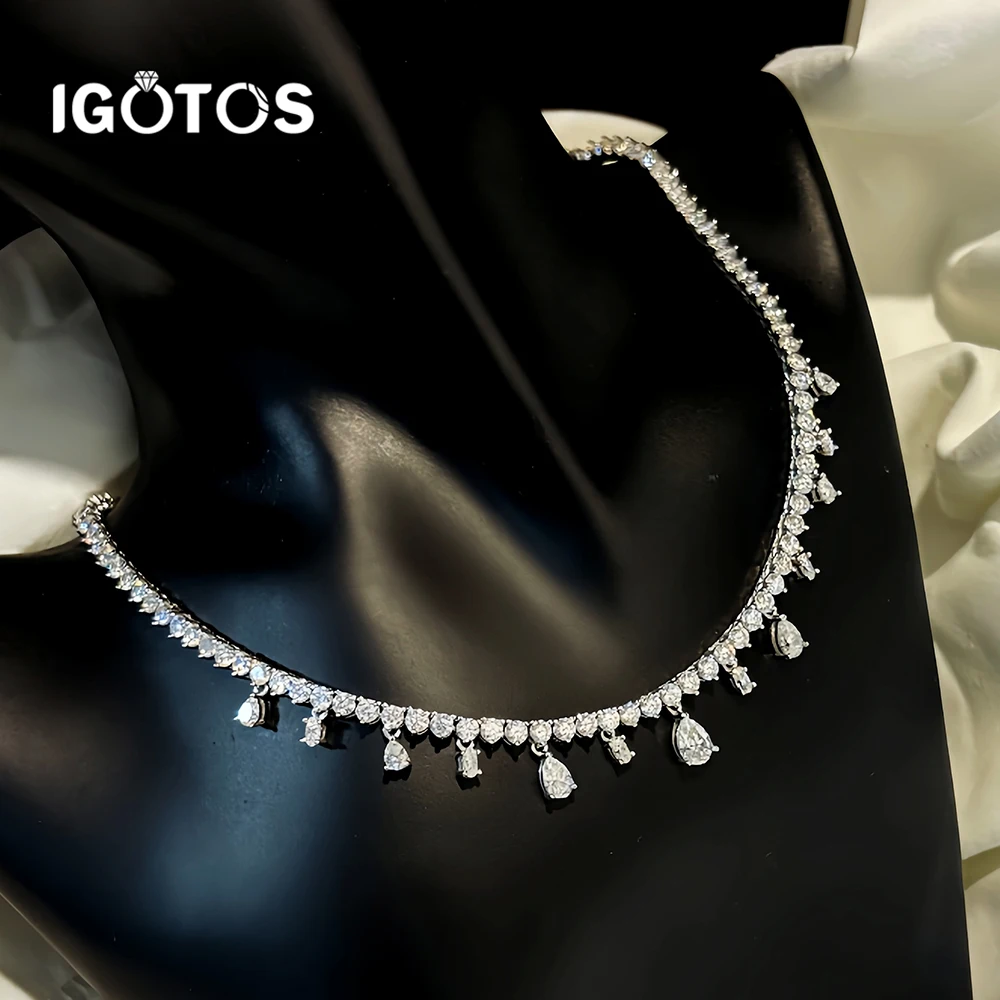 

IGOTOS Full Moissanite Tennis Necklace Certified Lab Diamond Choker for Women 925 Sterling Silver Bridal Party Fine Jewelry Gift