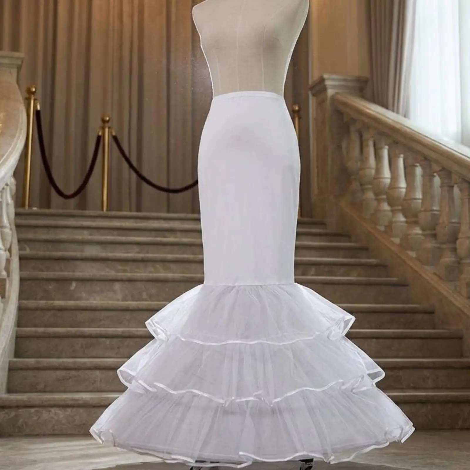 Women Formal Dress Fishtail Petticoat Tulle Hoop Skirt Three Tier Ruffle Hem Satin Ribbon Support for Evening Gown
