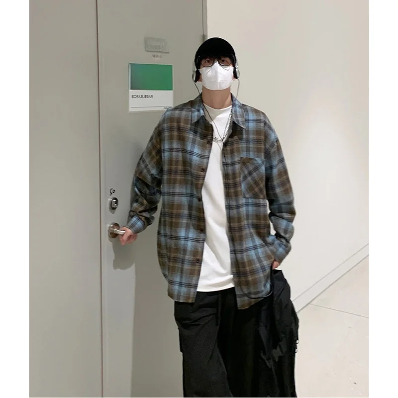 

American Retro Tie Dye Plaid Long Sve irt Loose Casual Outerwear for Teenagers Polyester Fiber Autumn Season Faion