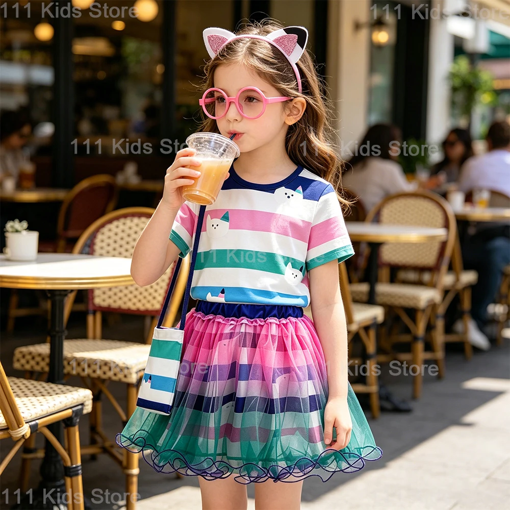 Cartoon Cat Striped Suit Girls Gaby Cosplay Costume Top+Skirt+Bag+Glasses+Hairband Children Perform Clothing Halloween Carnival
