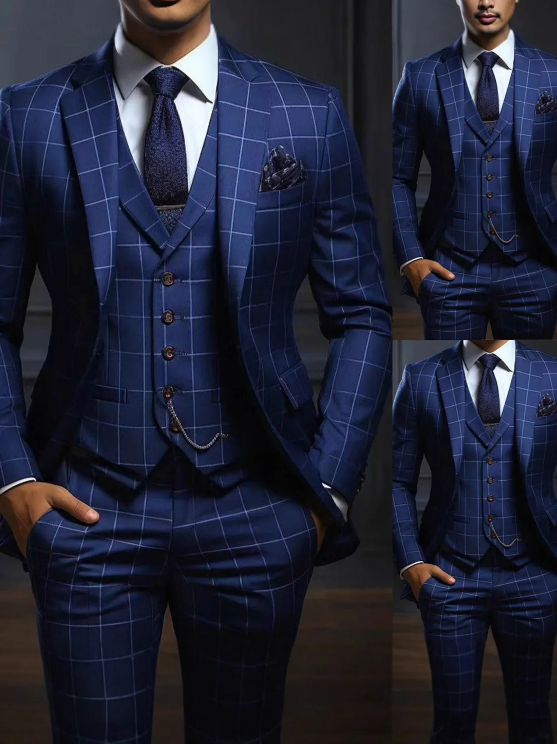 

Темпераментный мужской костюм-тройка (пиджак+жилет+брюки) Британский стиль. Корейский однобортный клетчатый костюм приталенного кроя.
