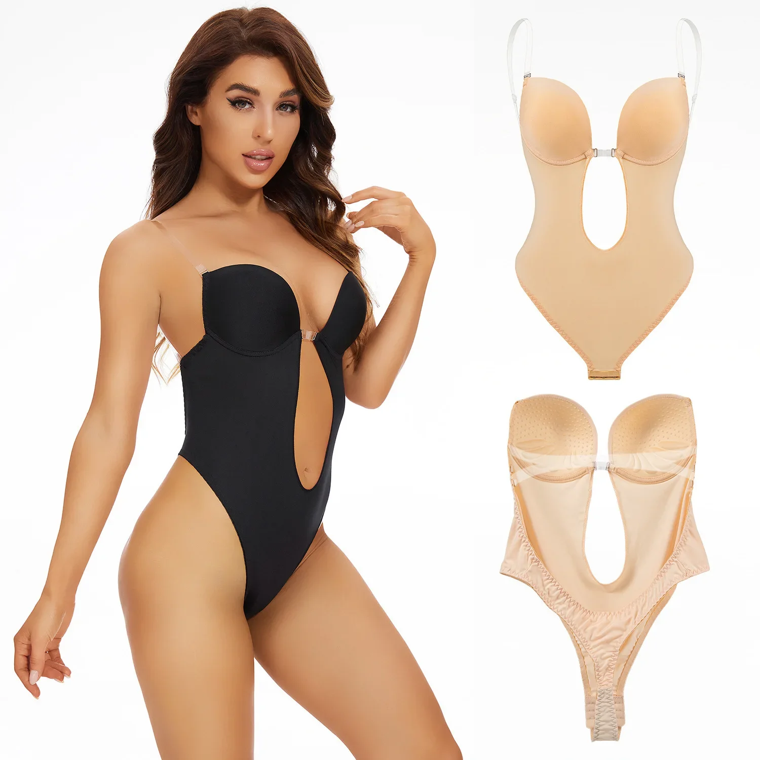 Women Shapers Underwear Backless Bodysuit Shapewear Deep V-Neck Body U Plunge Clear Strap Padded Push Up Corset